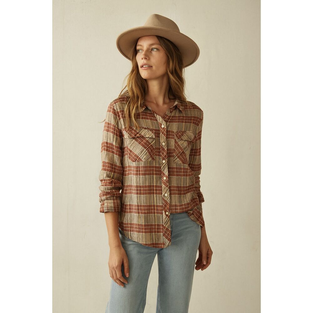 WE THE FREE Free People Multicolor Plaid Button Up Shirt Top Women's Size Medium